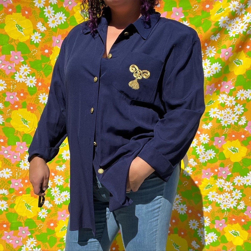 Vintage 80s navy blue button up shirt